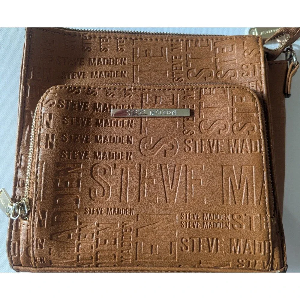Steve Madden Purse Brown Cognac Logo Embossed Faux Leather Crossbody Bag Gold